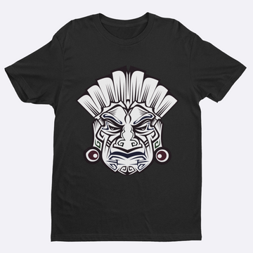 Black t-shirt with a white mask design on a white background