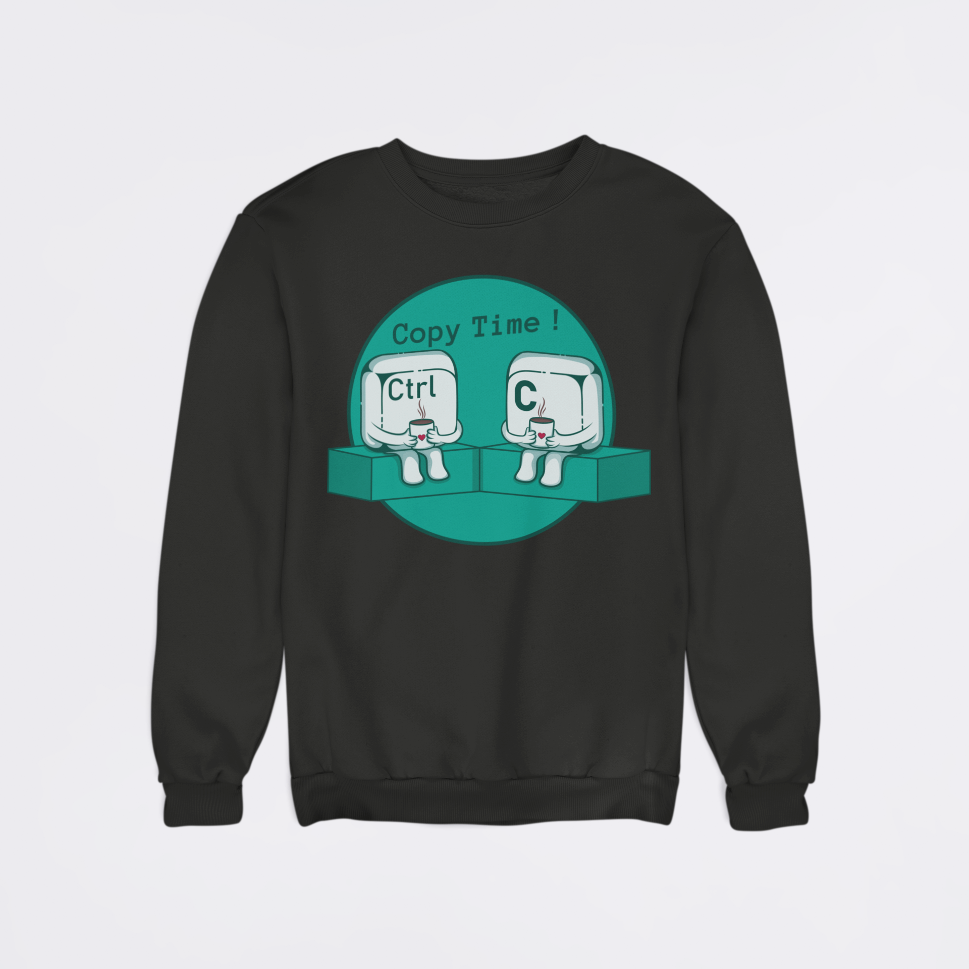 Black sweatshirt with a graphic design of two cartoon characters and text on a light gray background