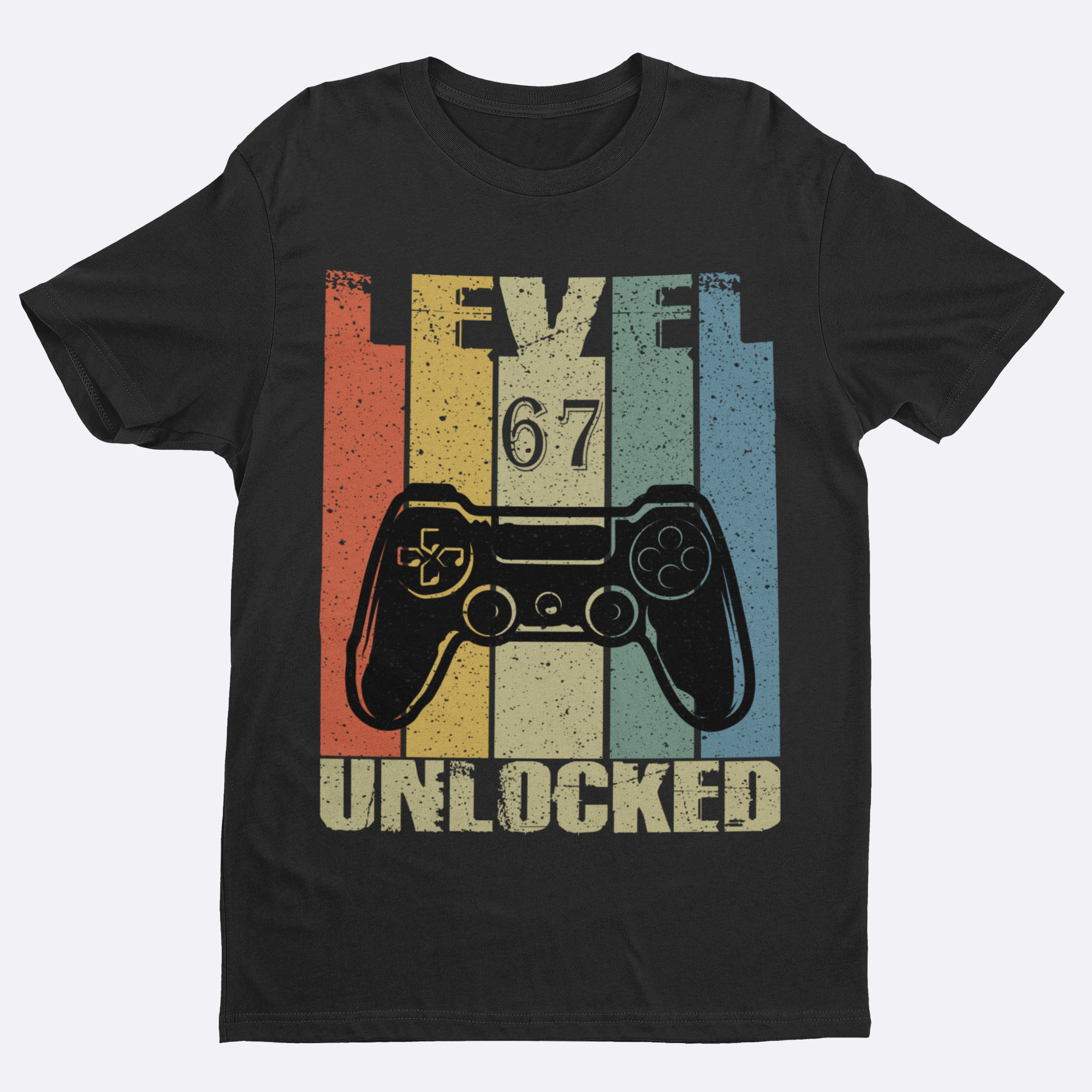 Black t-shirt with a gaming controller graphic and 'Level 67 Unlocked' text on a white background