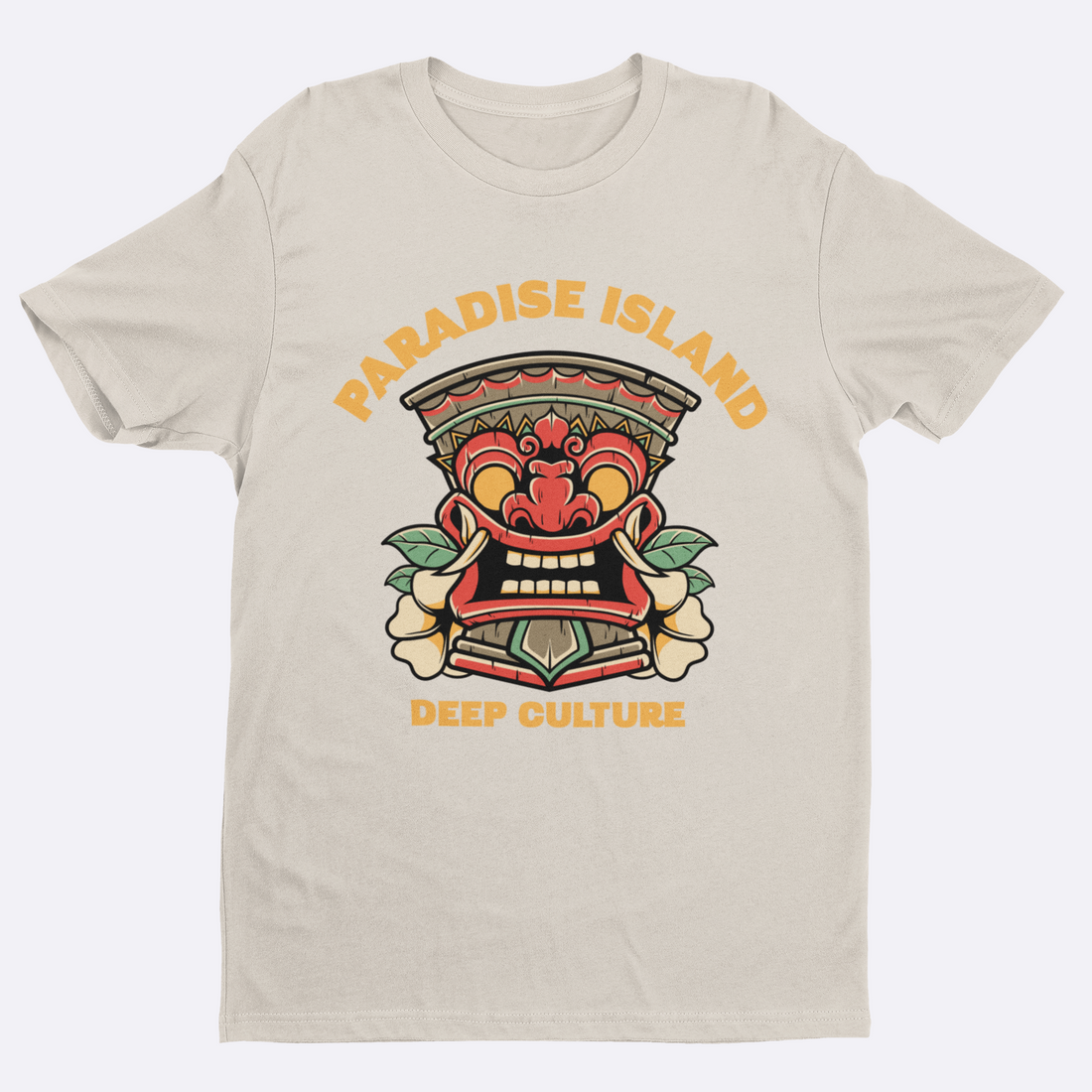 Black t-shirt with 'Paradise Island Deep Culture' graphic design on a white background