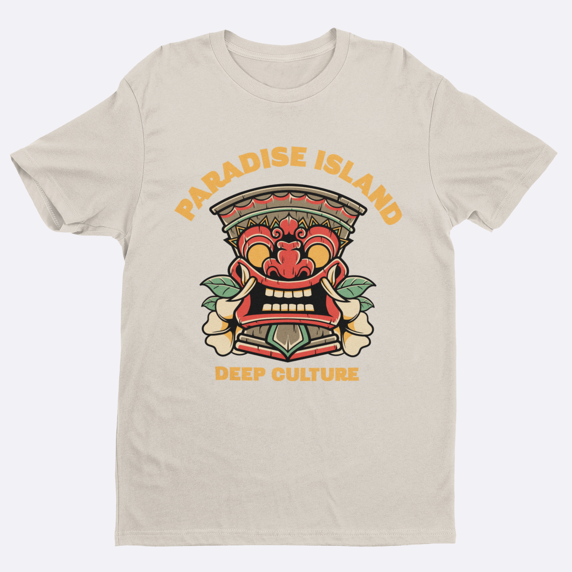 Beige t-shirt with a colorful graphic design and text 'Paradise Island Deep Culture' on a white background