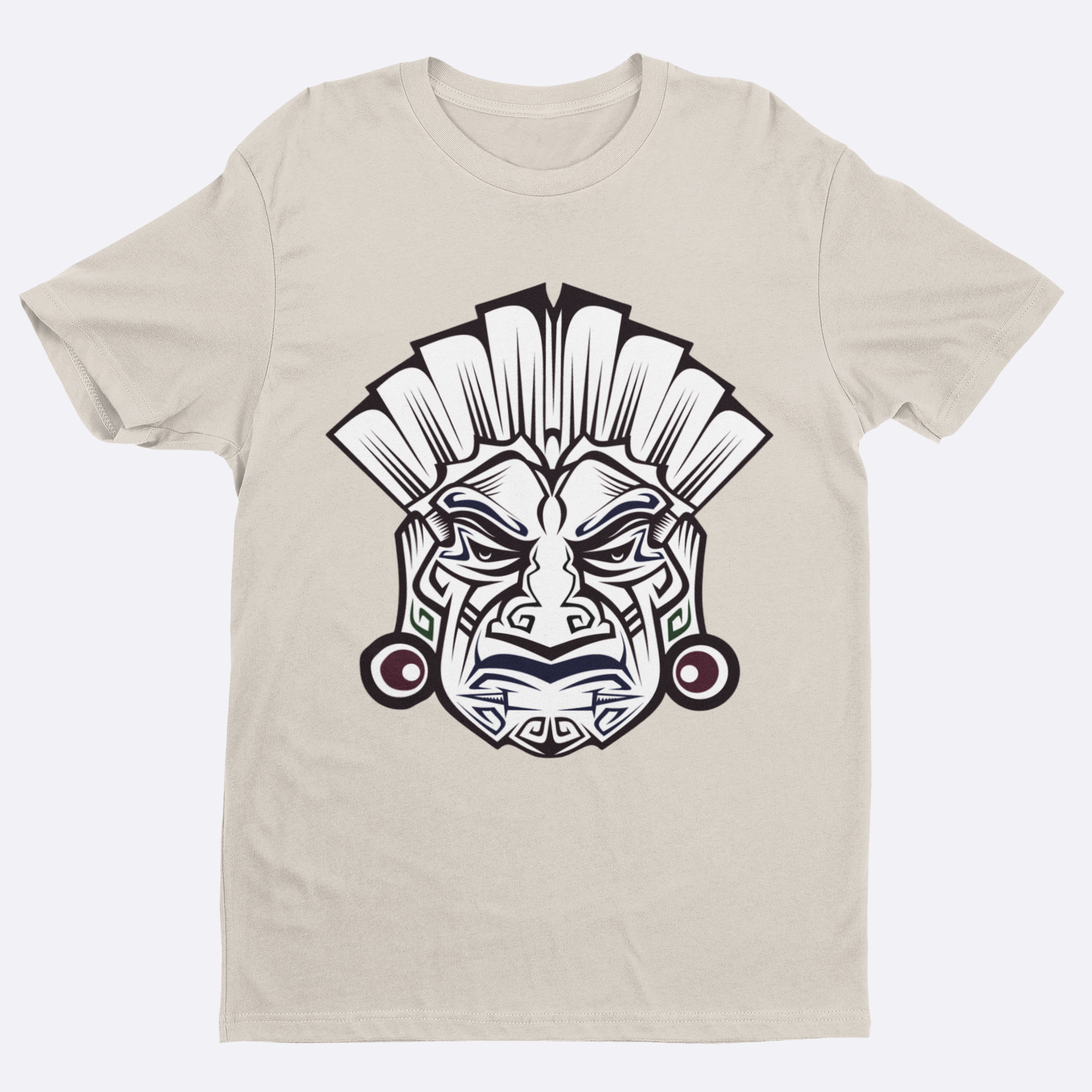 Beige t-shirt with a graphic design of a mask on a white background