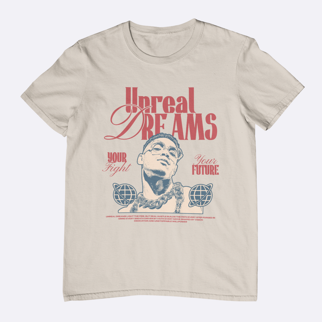 Black t-shirt with graphic design and text on a white background