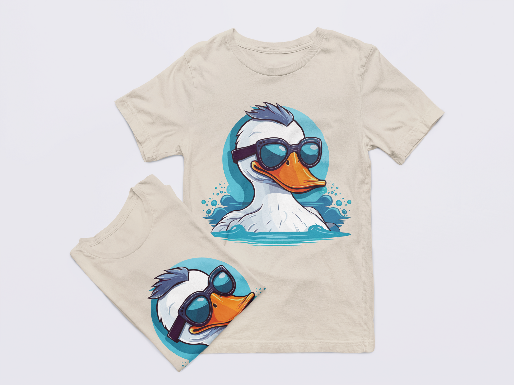 Beige t-shirt with a cartoon duck wearing sunglasses on a white background