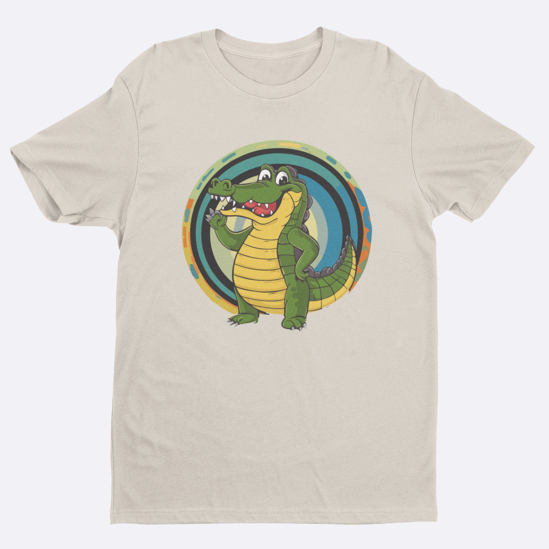 Beige t-shirt with a cartoon alligator design on a white background
