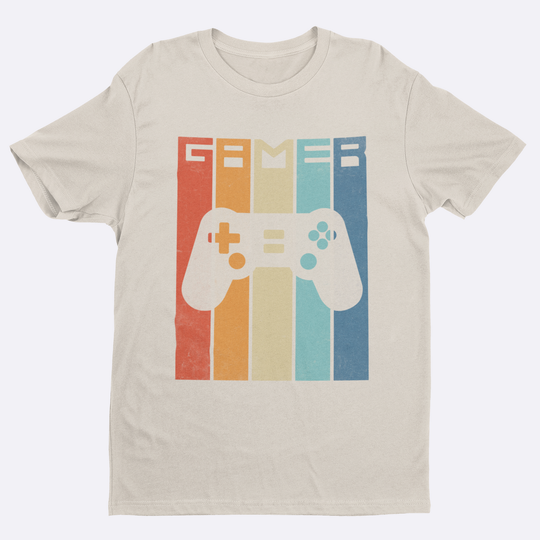 Black t-shirt with a colorful gaming controller graphic and 'Gamer' text on a white background