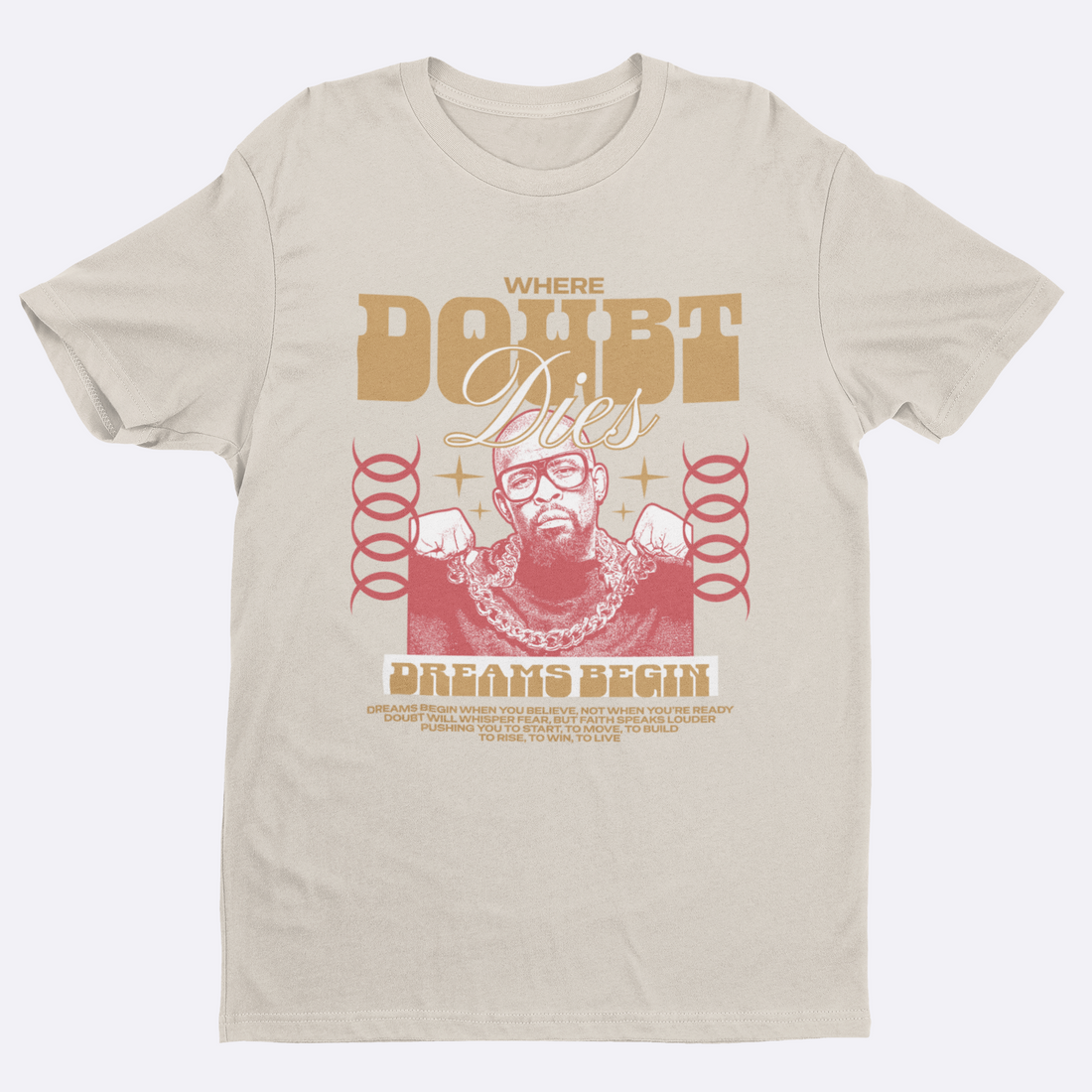 Black t-shirt with graphic design featuring a person and text on a white background