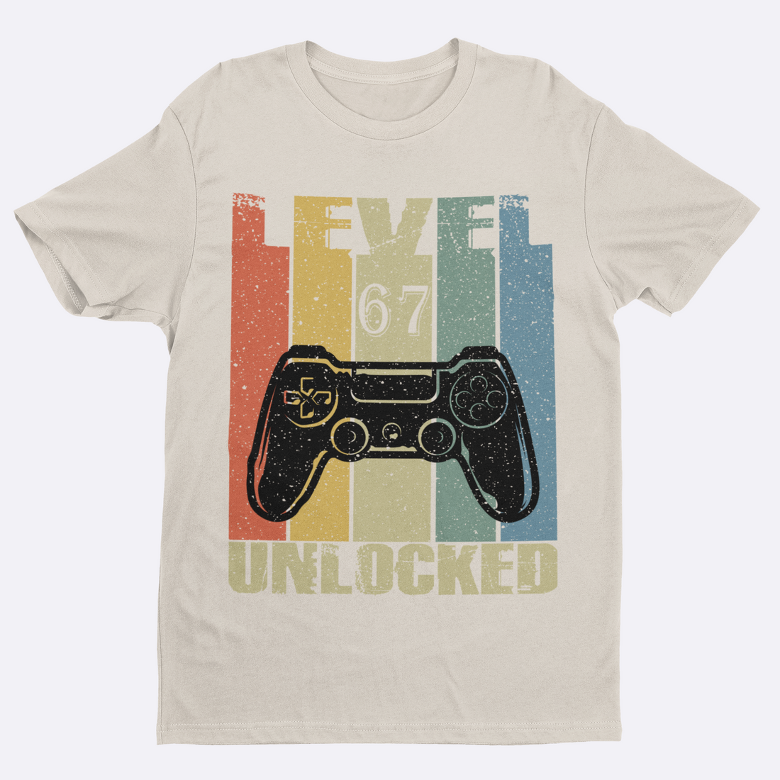 Black t-shirt with a gaming controller graphic and 'Level 67 Unlocked' text on a white background