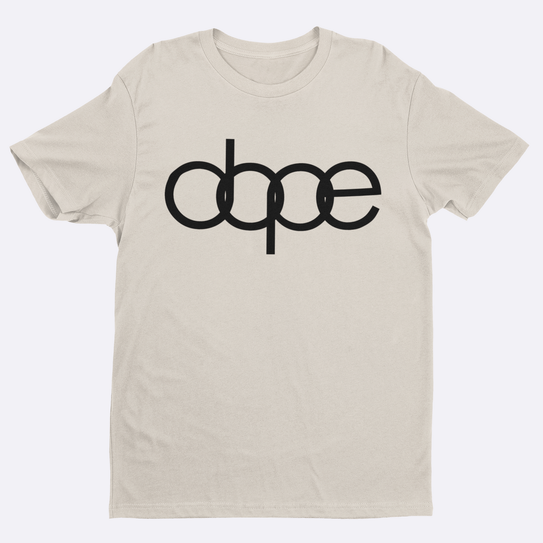 Beige t-shirt with 'dope' text on a white background