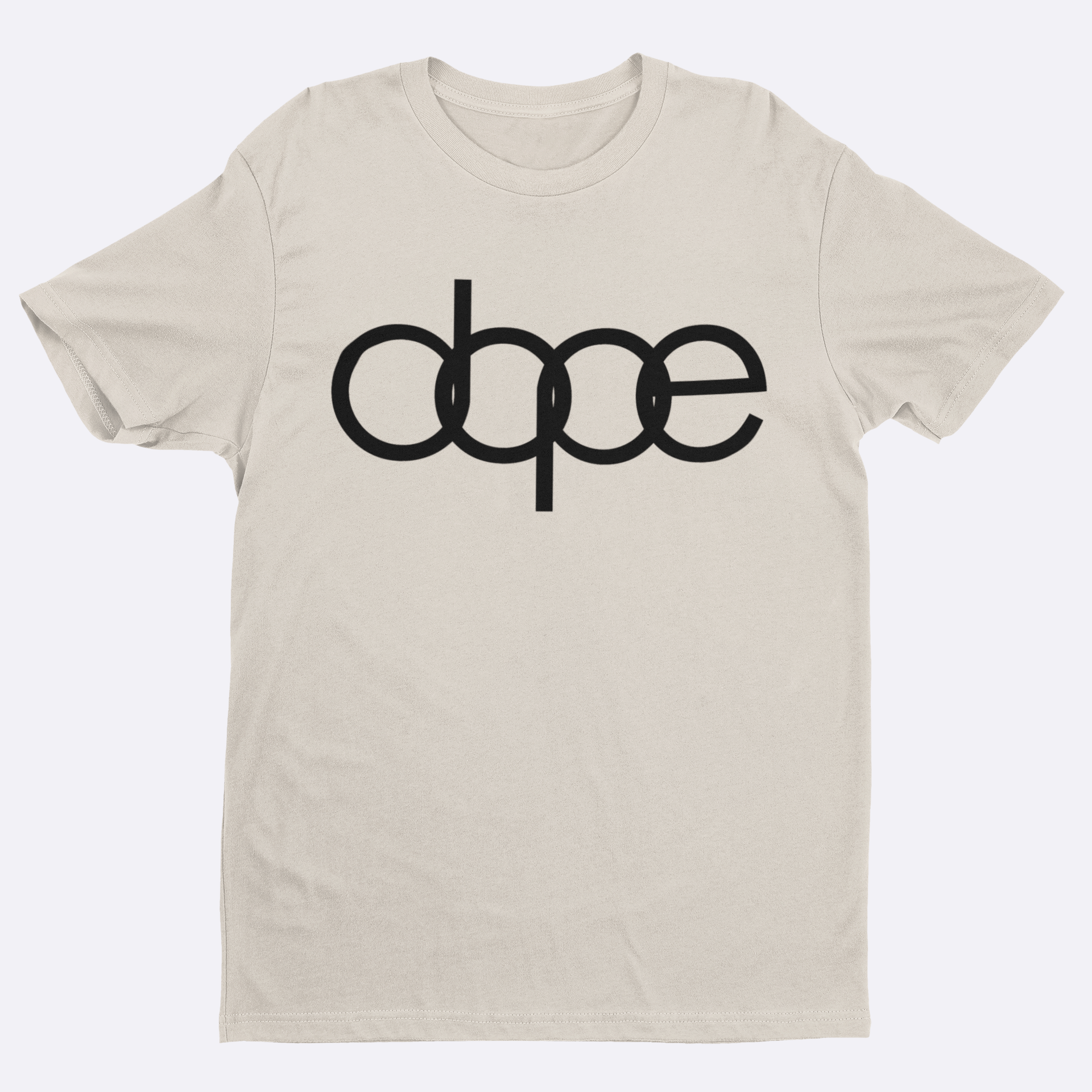 Beige t-shirt with 'dope' text on a white background