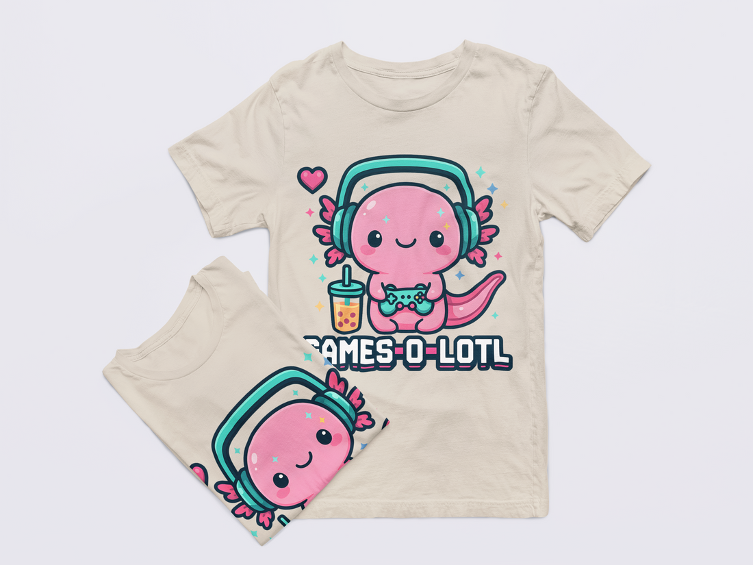 Black t-shirt with a cute pink salamander graphic and 'GAMES-O-LOTL' text on a light gray background.