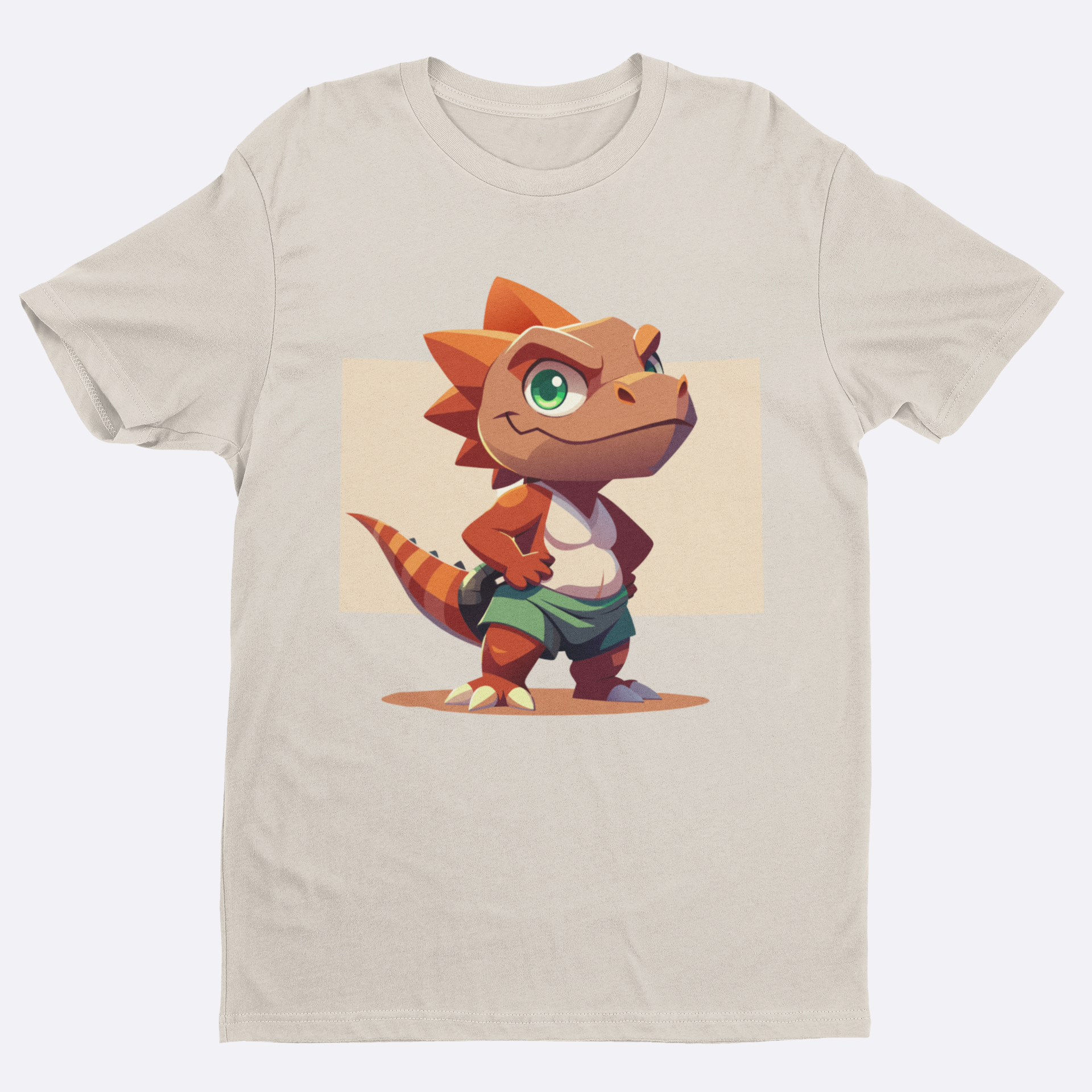 Beige t-shirt with a cartoon dinosaur graphic on a white background