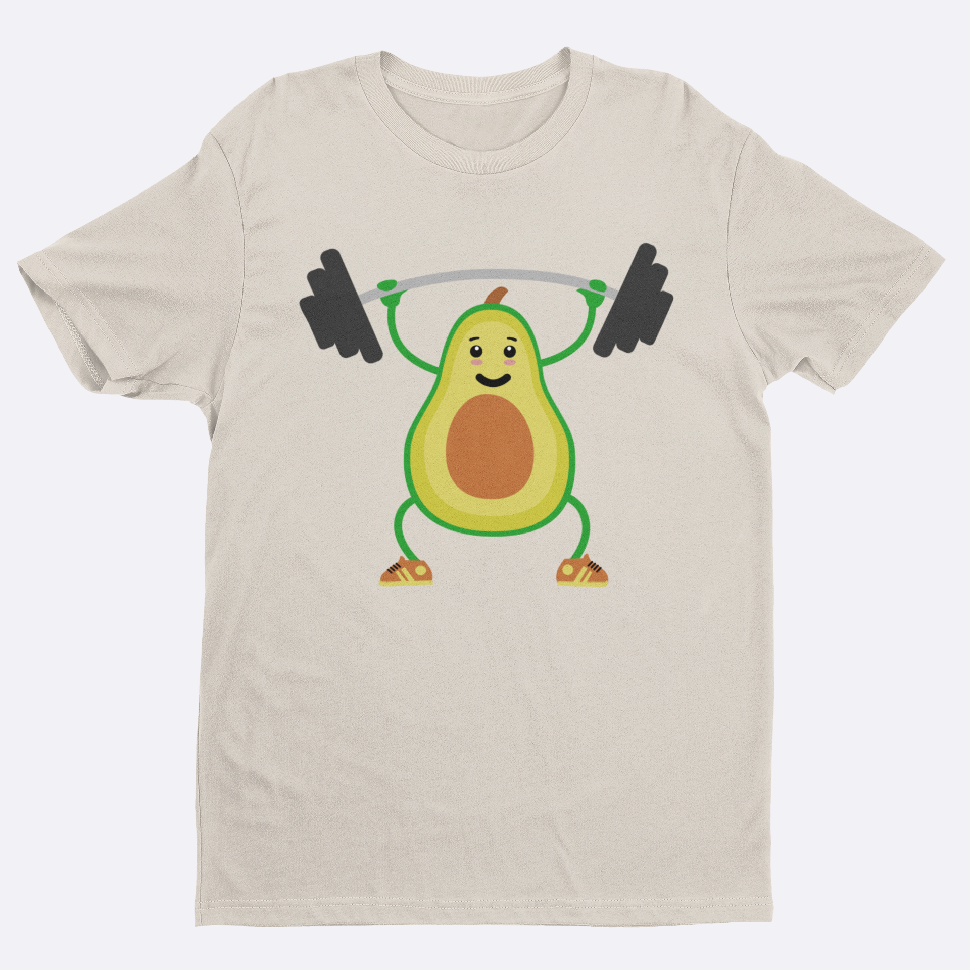Beige t-shirt with a cartoon avocado lifting weights on a white background