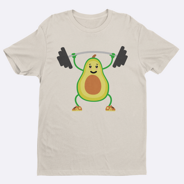 Beige t-shirt with a cartoon avocado lifting weights on a white background