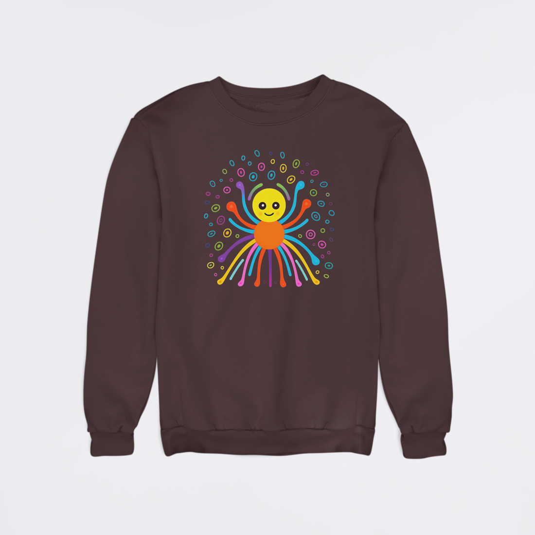 Black sweatshirt with a colorful alien design on a light gray background