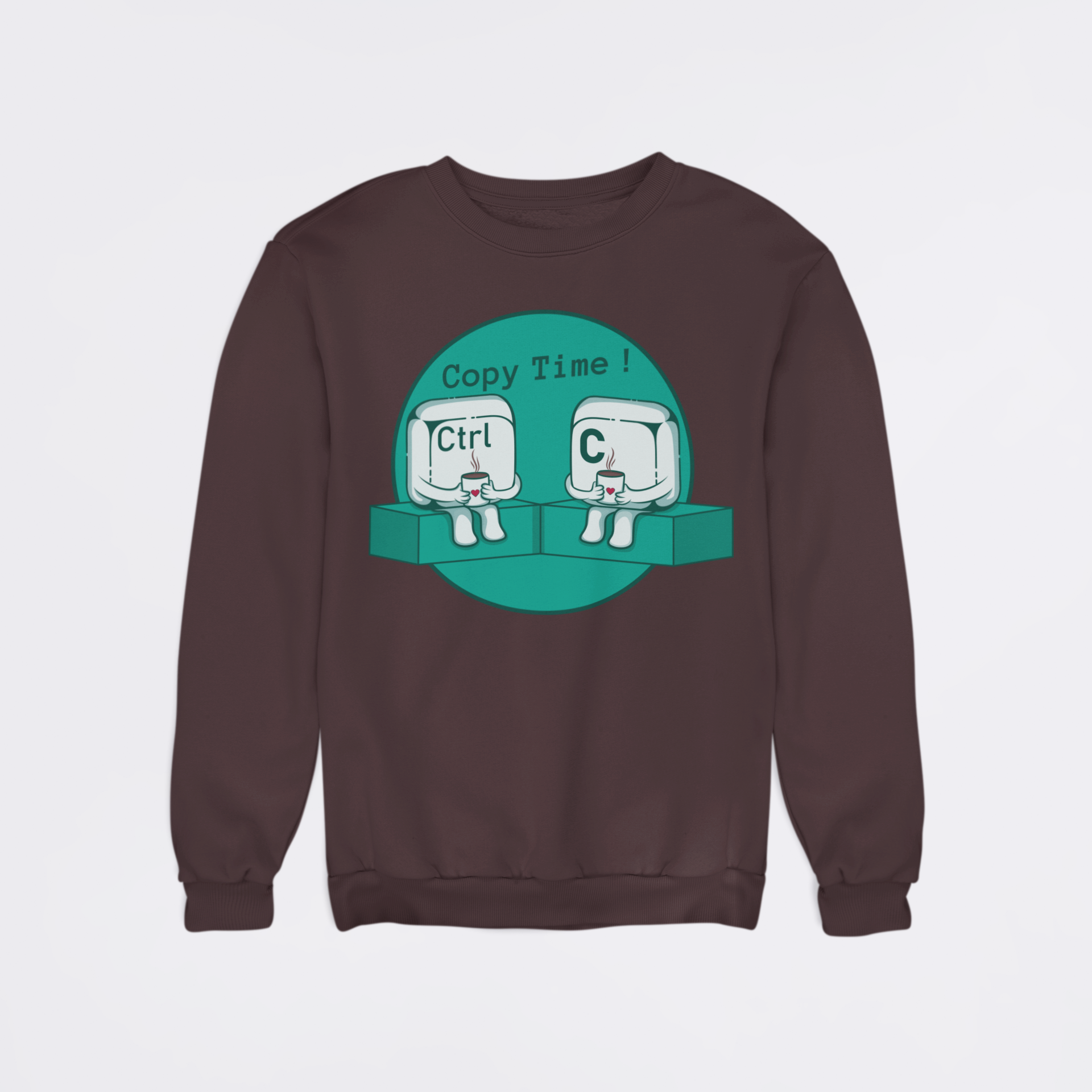 Brown sweatshirt with a graphic design of two cartoon characters and text on a light purple background