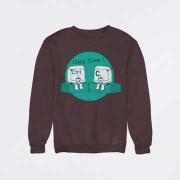 Brown sweatshirt with a graphic design of two cartoon characters and text on a light purple background