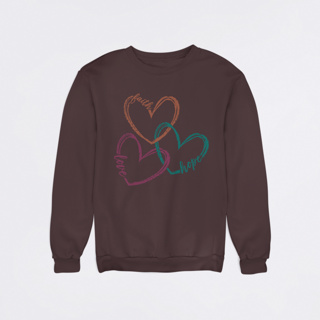 Black sweatshirt with colorful heart design on a light gray background