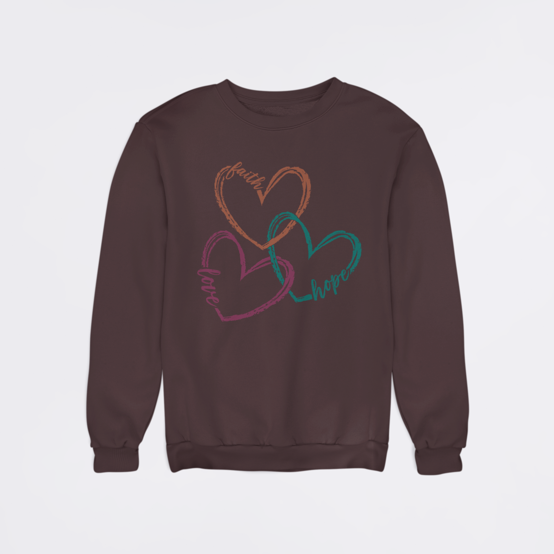 Brown sweatshirt with colorful heart designs on a light gray background