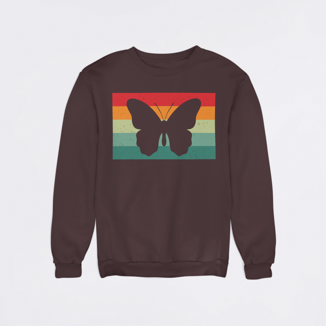 Black sweatshirt with a butterfly design on a colorful background