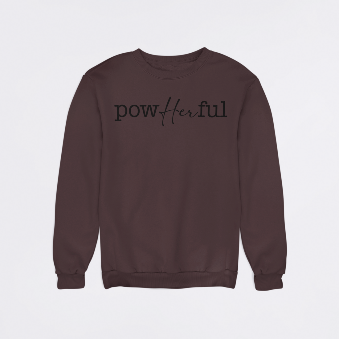 Beige sweatshirt with 'powHerful' text on a light gray background