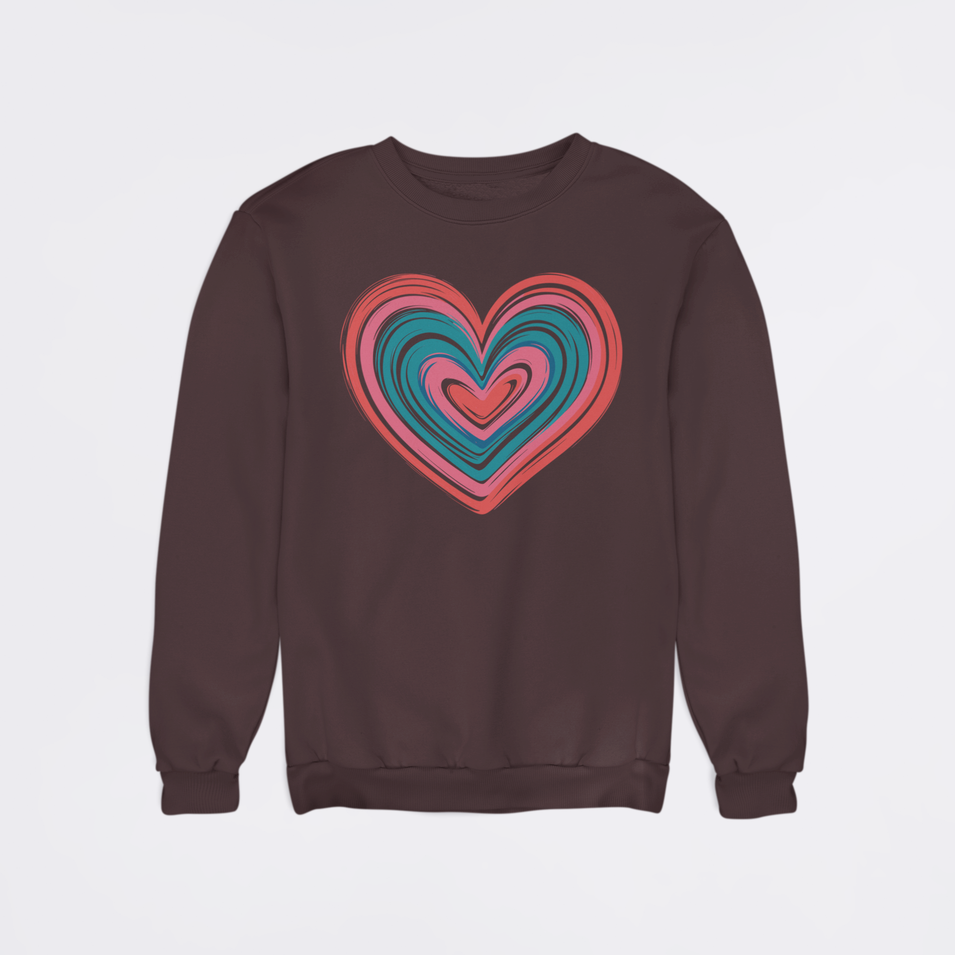 Brown sweatshirt with a colorful heart design on a light gray background