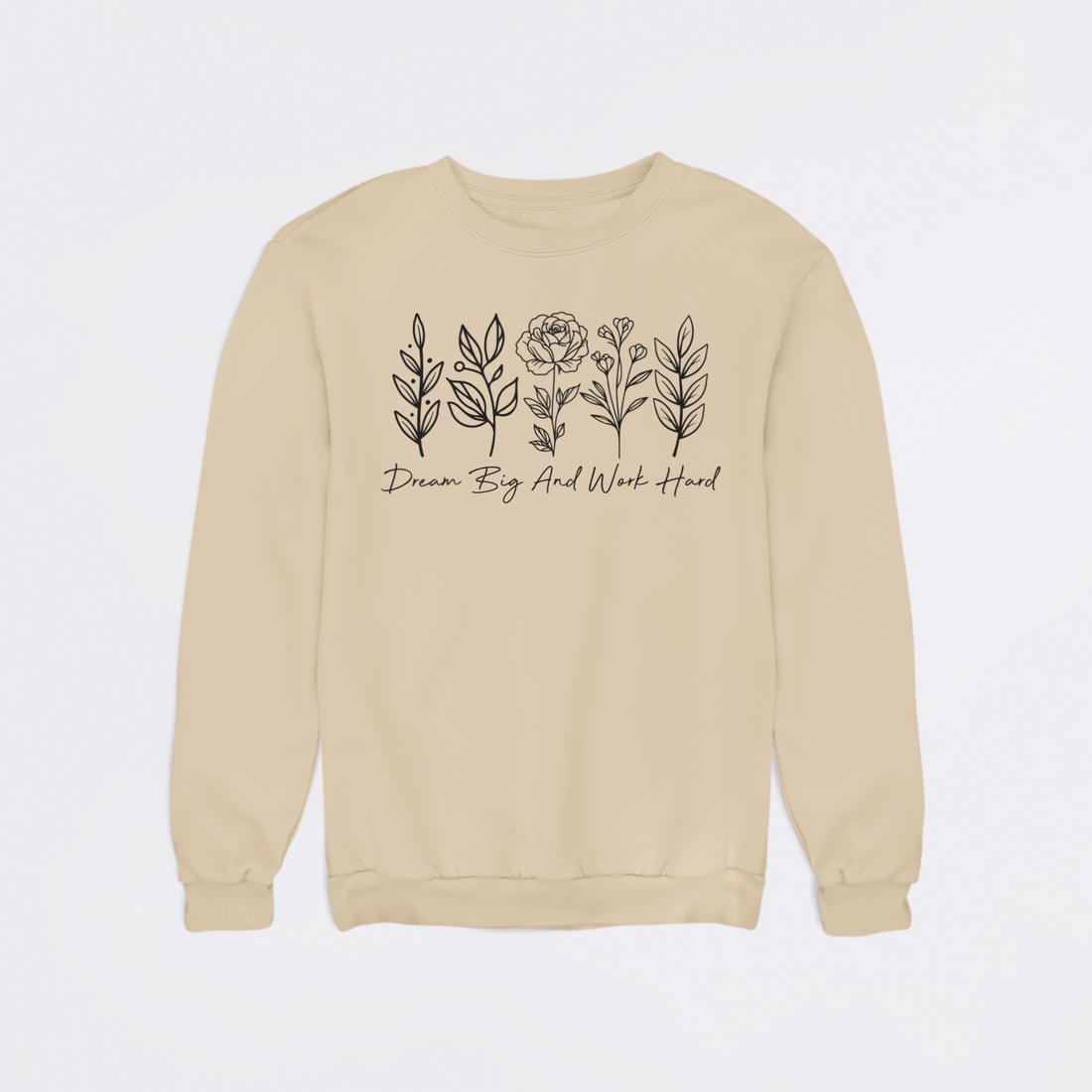 Beige sweatshirt with floral designs and text on a light gray background