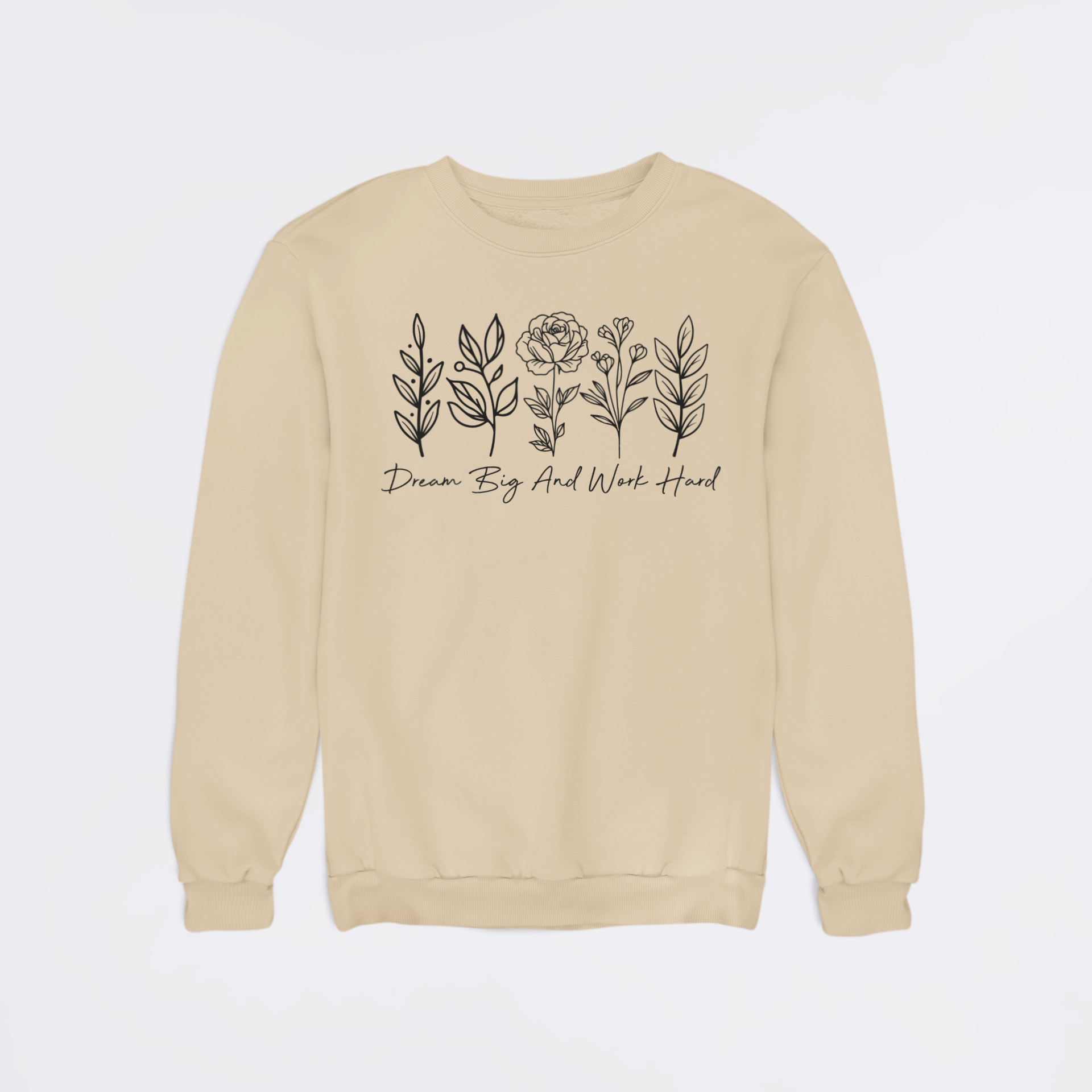 Beige sweatshirt with floral designs and text on a light gray background