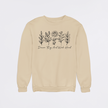 Beige sweatshirt with floral designs and text on a light gray background