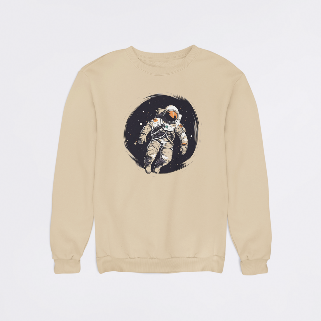 Beige sweatshirt with an astronaut graphic on a light gray background