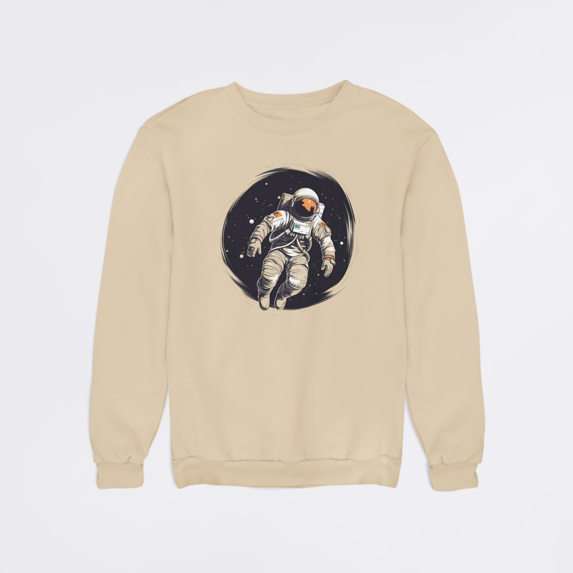 Beige sweatshirt with an astronaut graphic on a light gray background