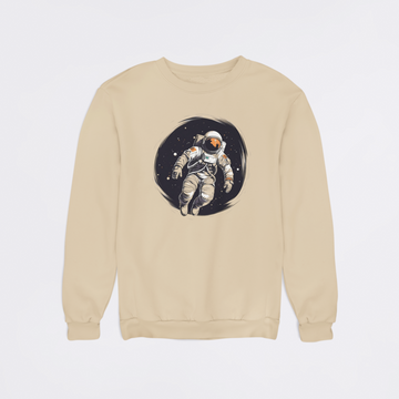 Beige sweatshirt with an astronaut graphic on a light gray background