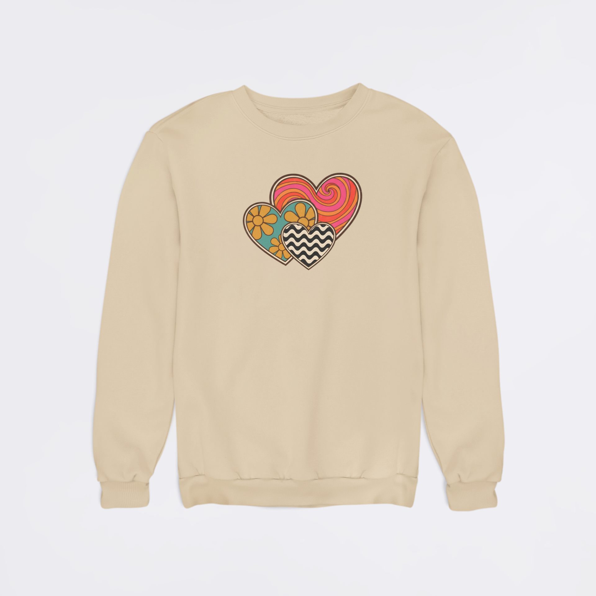 Beige sweatshirt with colorful heart design on a light gray background
