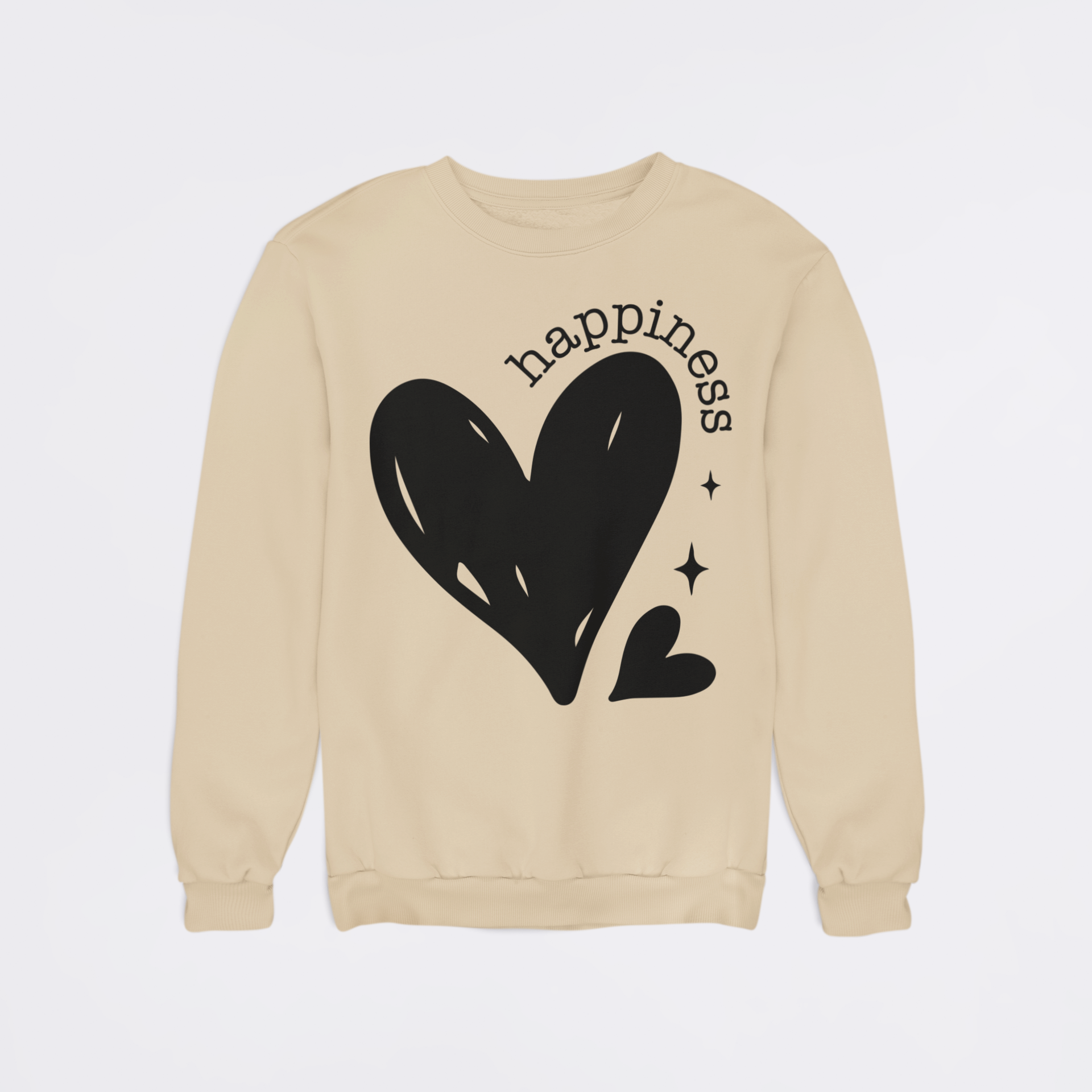Beige sweatshirt with black heart design and 'happiness' text on a light gray background
