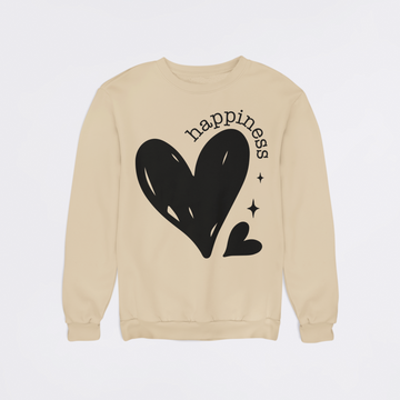 Beige sweatshirt with black heart design and 'happiness' text on a light gray background