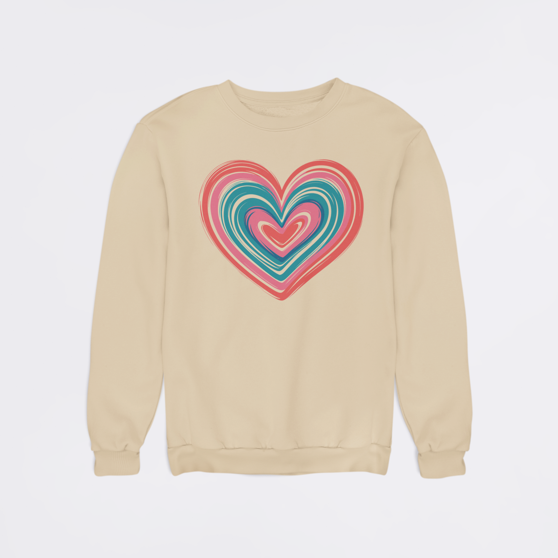 Beige sweatshirt with a colorful heart design on a light gray background