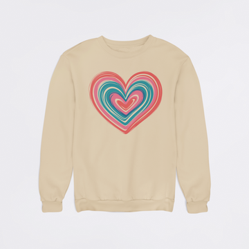 Beige sweatshirt with a colorful heart design on a light gray background