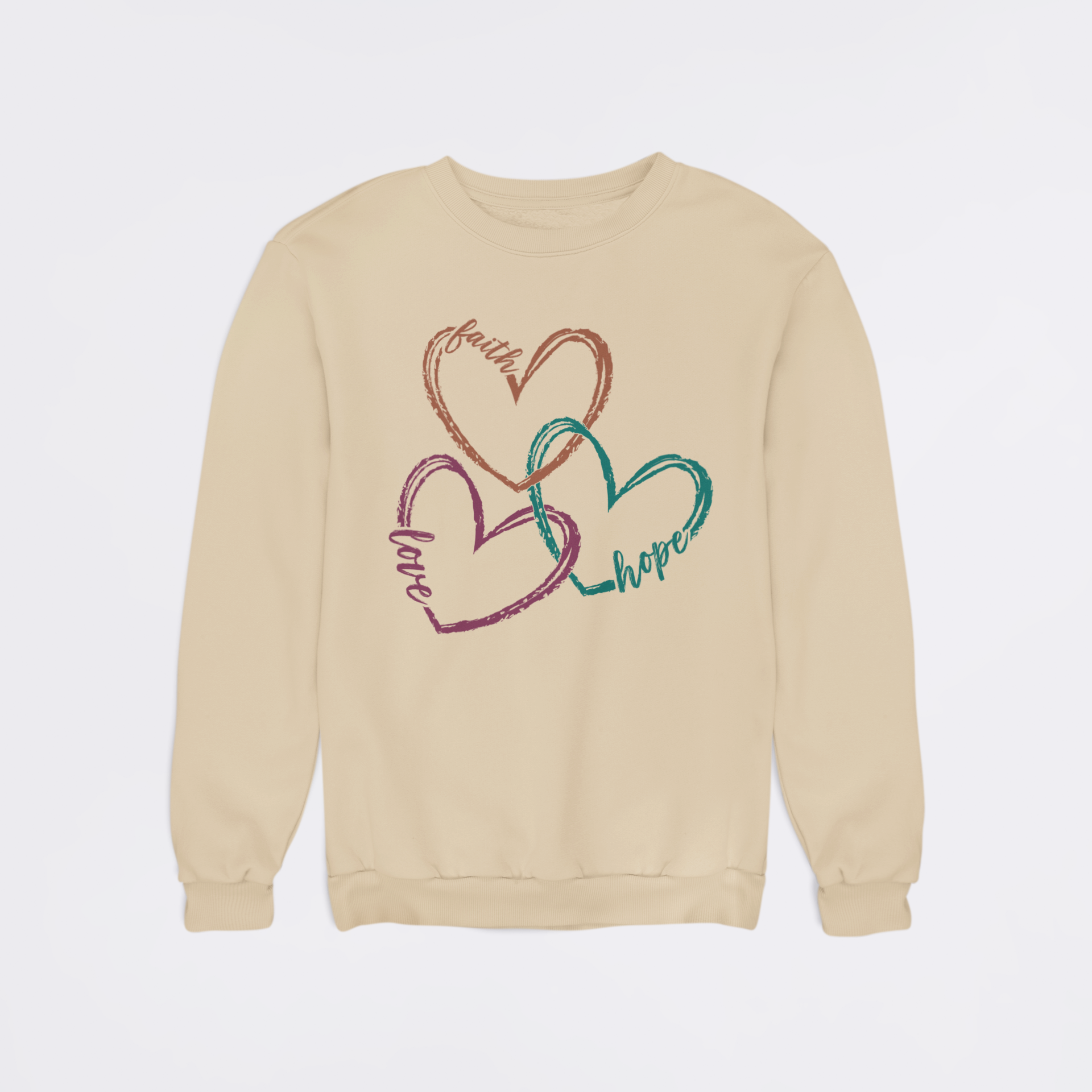 Beige sweatshirt with colorful heart design and text on a light gray background