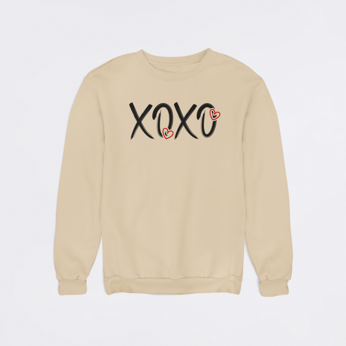 Beige sweatshirt with 'XOXO' text on a light gray background