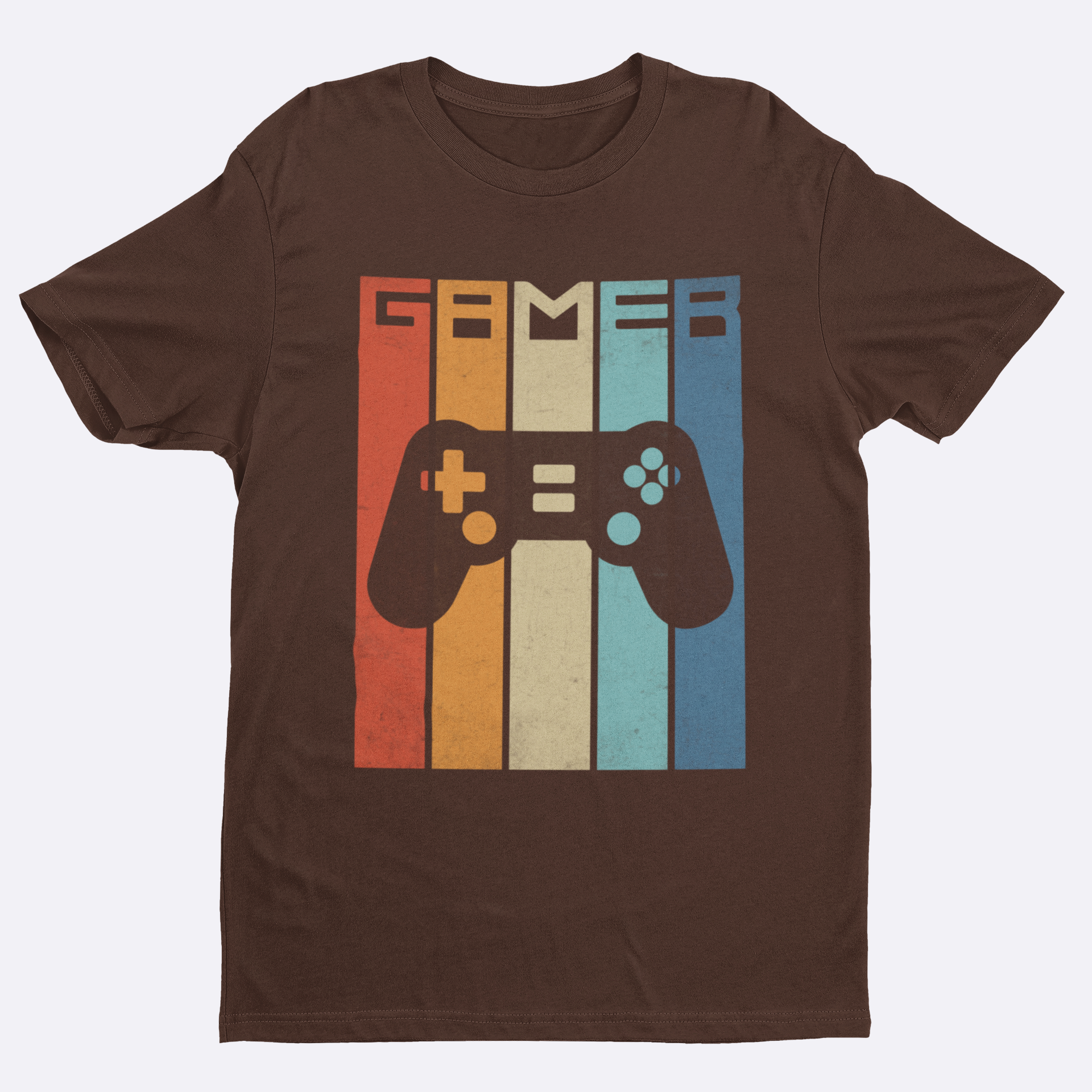 Brown t-shirt with a colorful gaming controller graphic and 'Gamer' text on a white background
