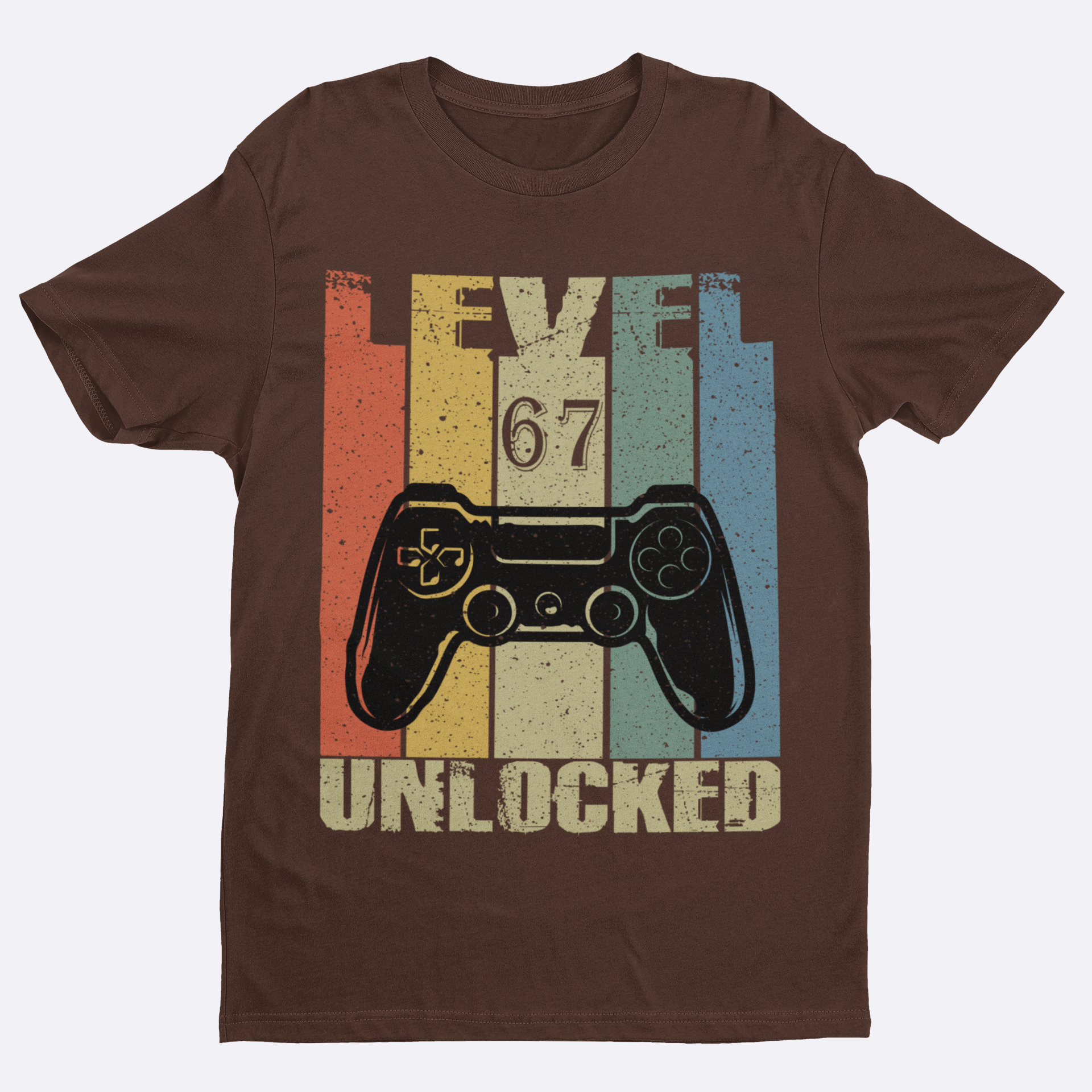 Brown t-shirt with a gaming controller graphic and 'Level 67 Unlocked' text on a white background