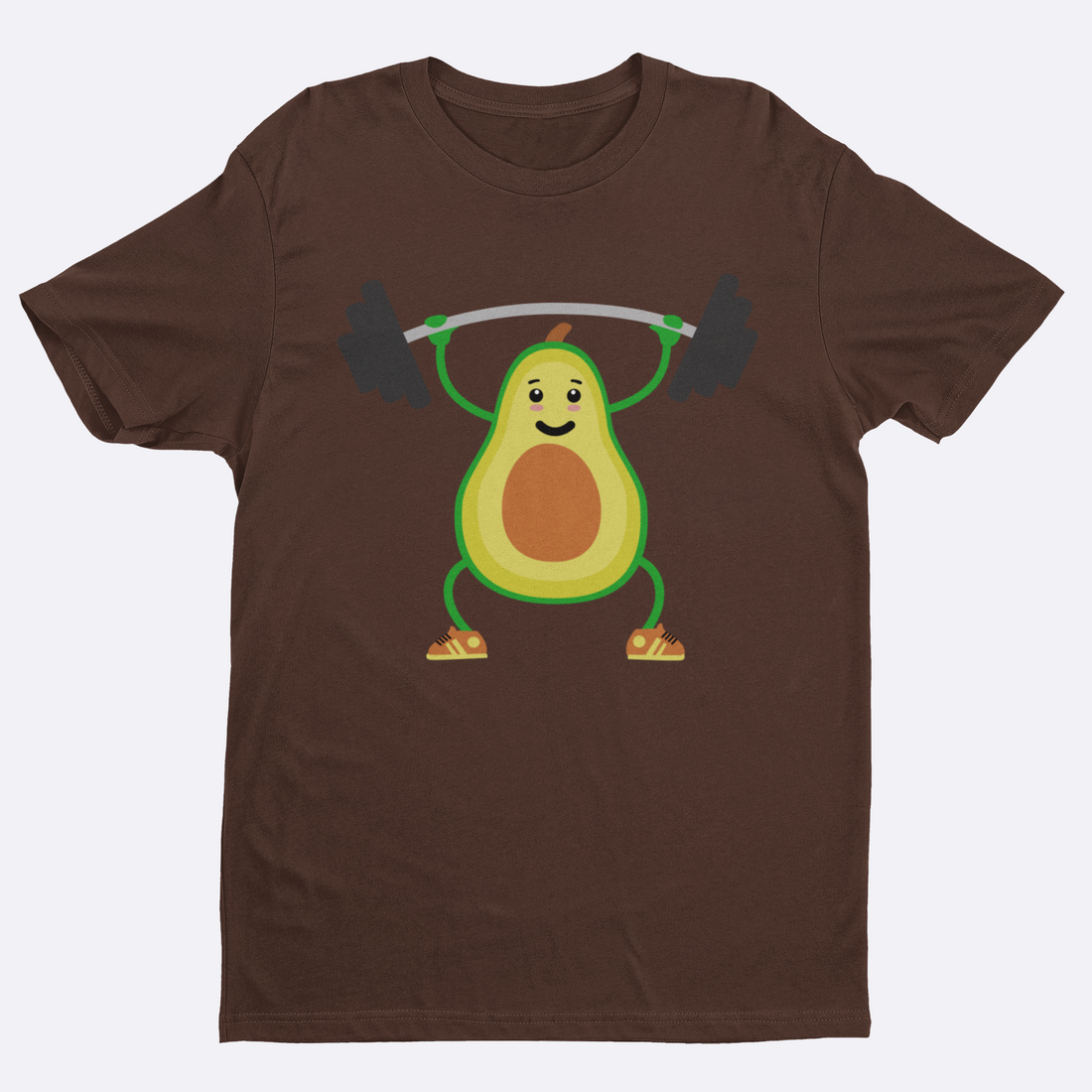 Beige t-shirt with a cartoon avocado lifting weights on a white background