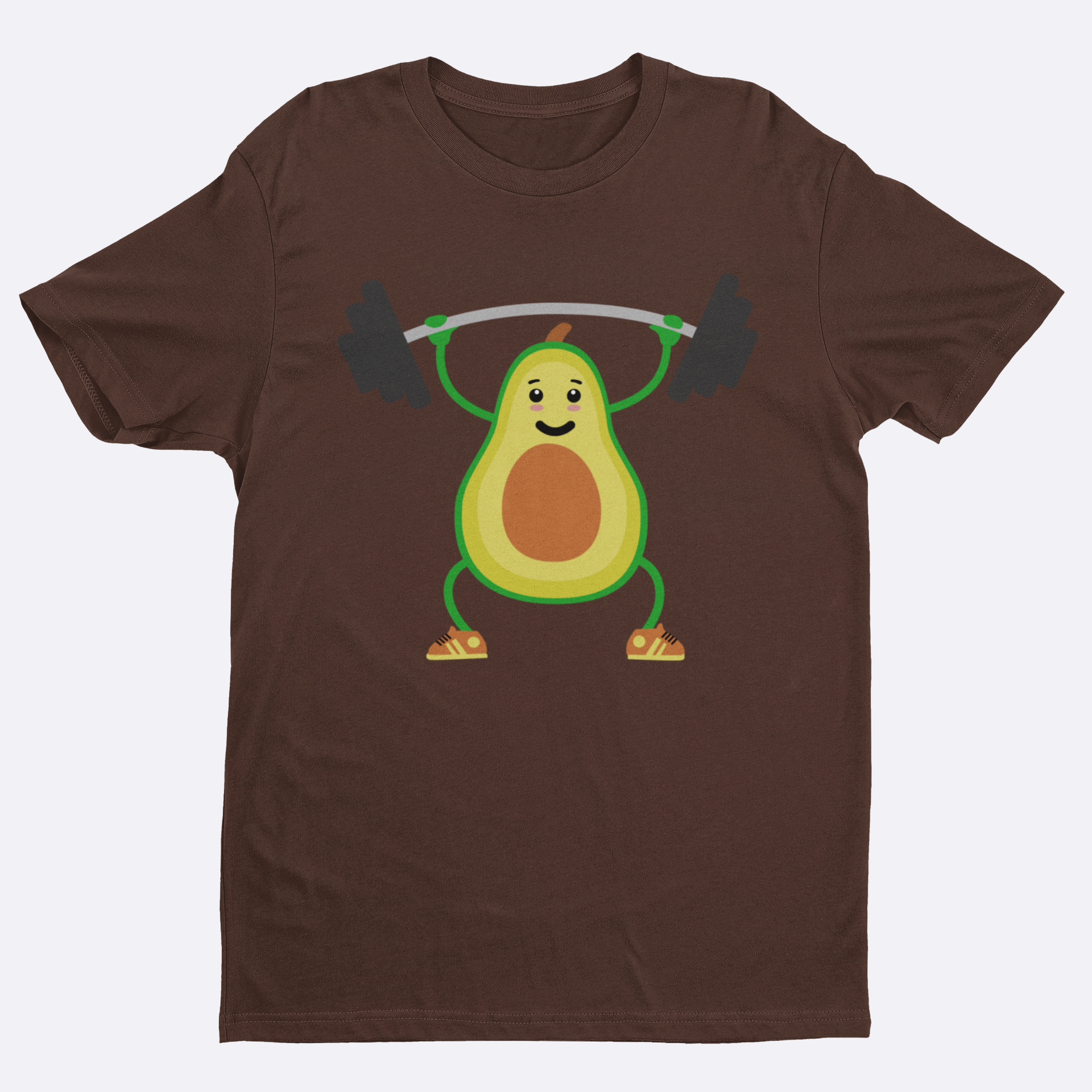 Brown t-shirt with an avocado character lifting weights on a white background