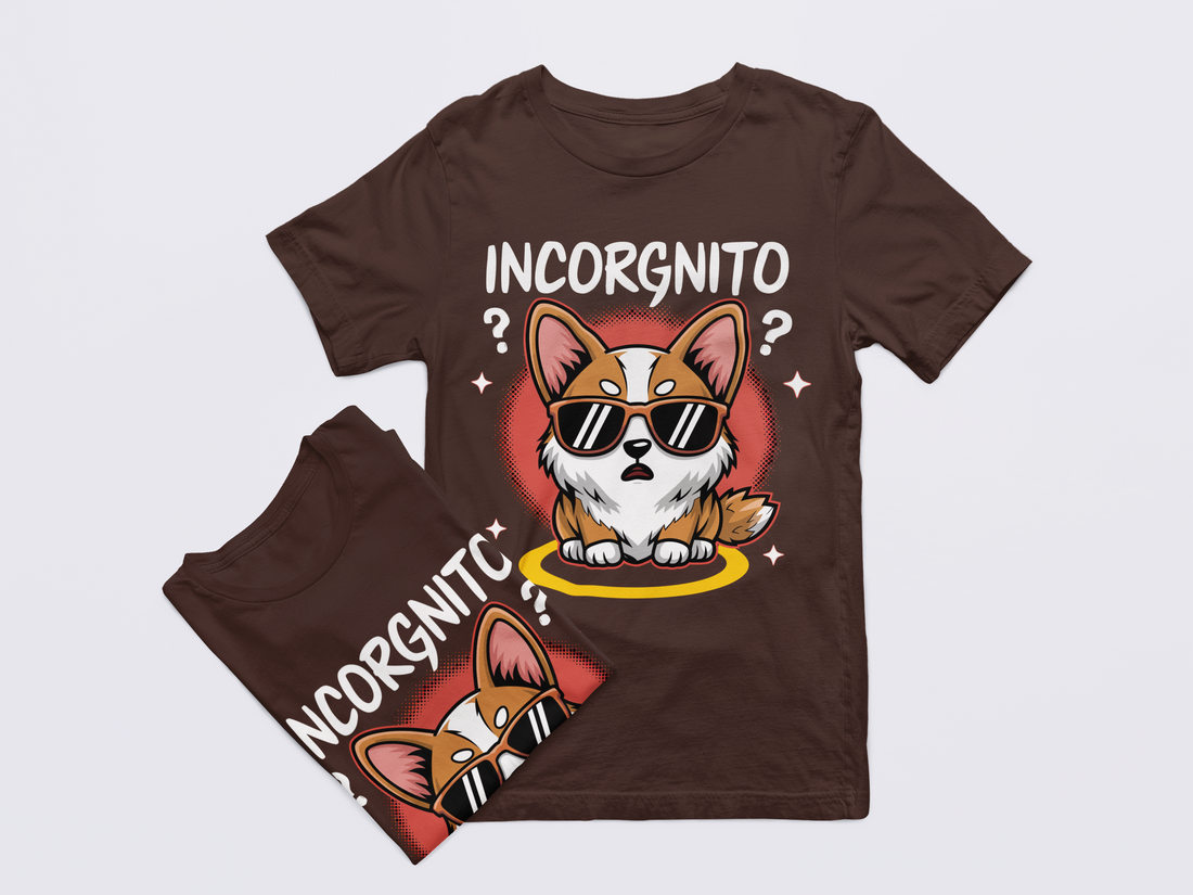 Black t-shirt with a dog graphic and 'INCORGNITO' text on a light gray background