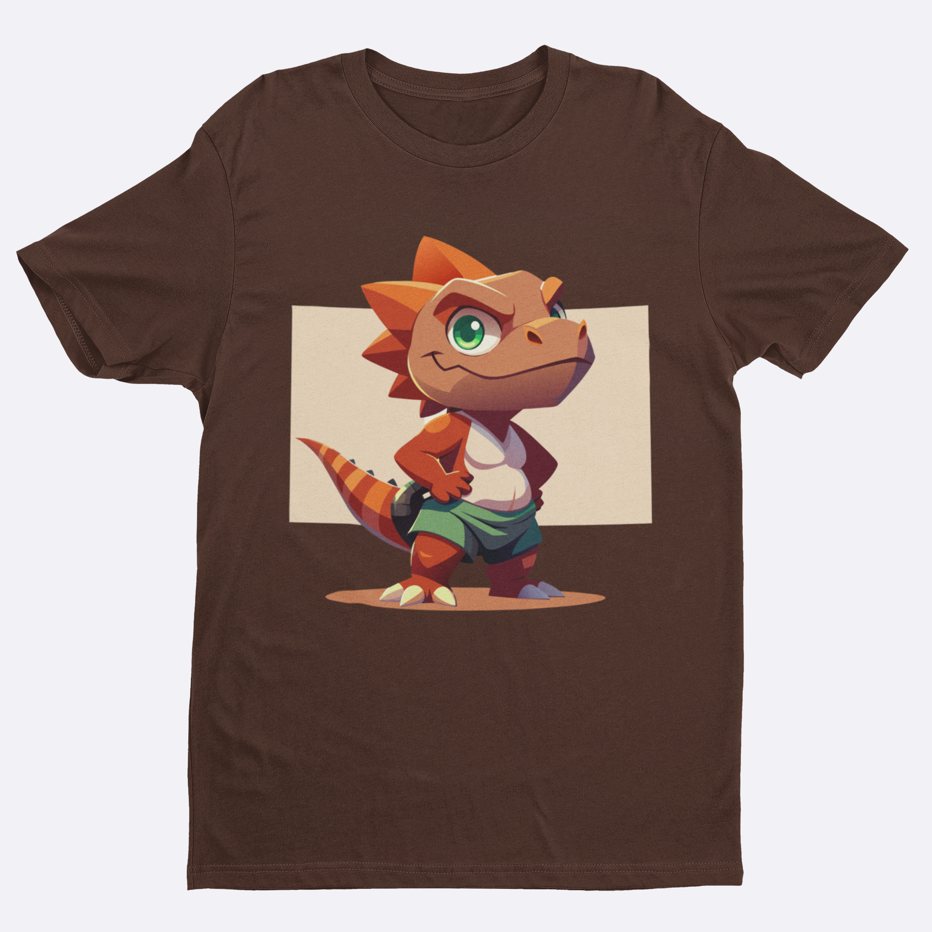 Brown t-shirt with a cartoon dinosaur design on a white background
