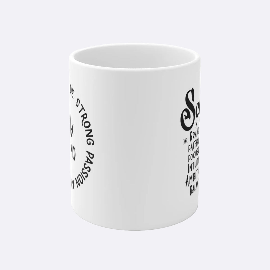 White mug with Scorpio zodiac design and attributes on a white background