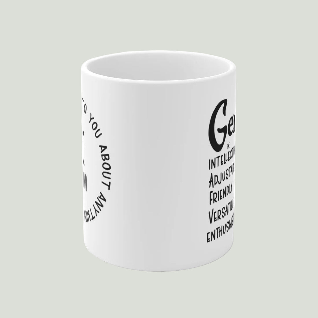 White mug with black Gemini zodiac design and traits on a white background