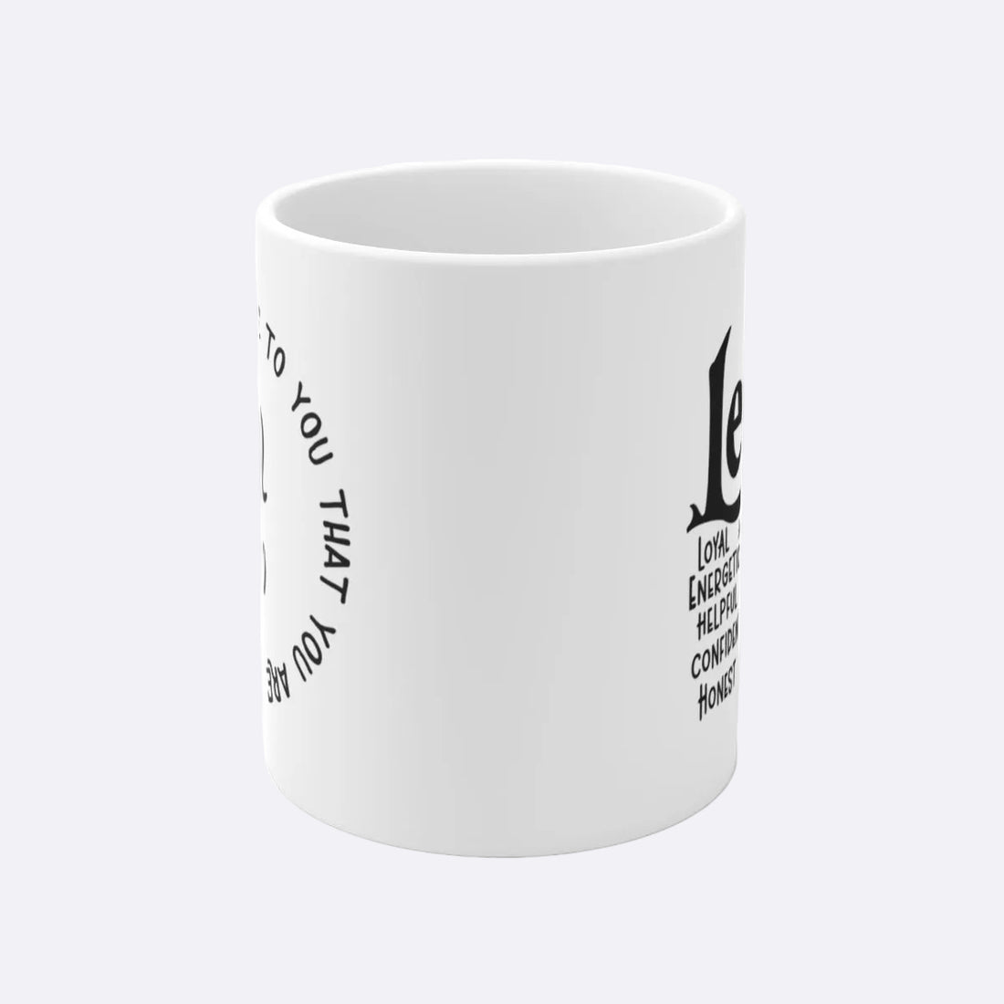 White mug with black Leo zodiac design and traits on a white background