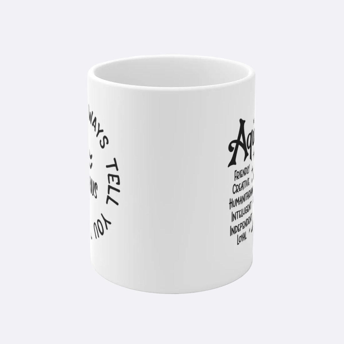 White mug with Aquarius zodiac design and traits on a white background