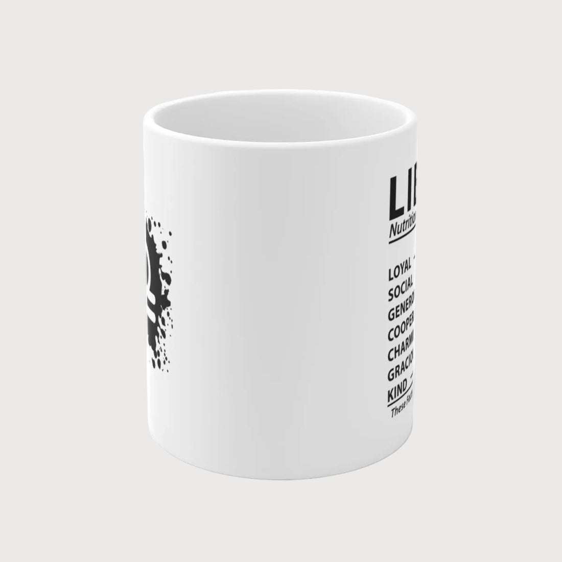 White mug with black Libra zodiac symbol design on a white background